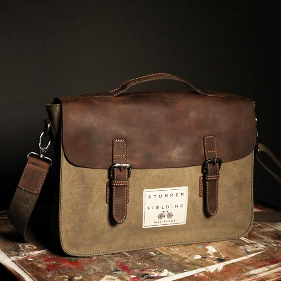 Leather/Cotton Satchel 'The Tenby' Khaki and Brown | Stumper & Fielding
